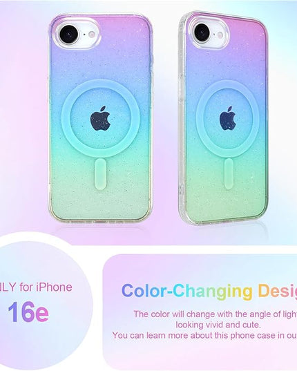 Glitter Case for iPhone 16e Case for Women Girls [ Compatible with Magsafe ] Clear Cute Girly Aesthetic Iridescent Rainbow Sparkly Bling Magnetic Phone Cover, Gradient Blue & Pink