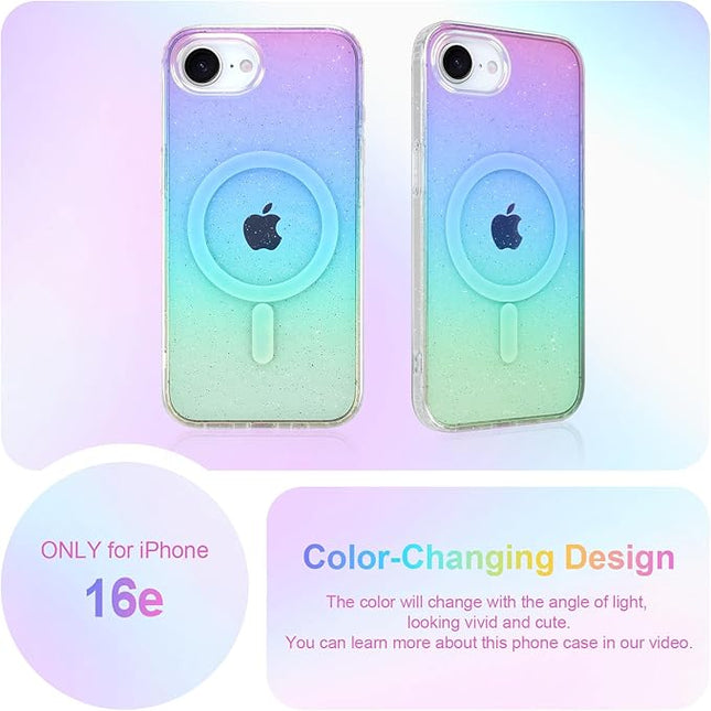 Glitter Case for iPhone 16e Case for Women Girls [ Compatible with Magsafe ] Clear Cute Girly Aesthetic Iridescent Rainbow Sparkly Bling Magnetic Phone Cover, Gradient Blue & Pink