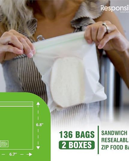 Responsible Products Certified Compostable SANDWICH Resealable Zip Bag, Extra Strength Food Bags, Made from Plant Materials (136 Pack)