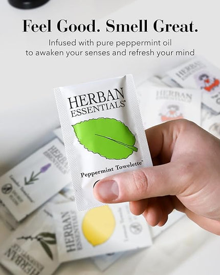 Herban Essentials - Peppermint Wipes & Towelettes - Essential Oil Wipes for Hands & Body - Travel Size Essentials and Toiletries - Natural, Individually Wrapped, Disposable & Moist Refresh (7 count)
