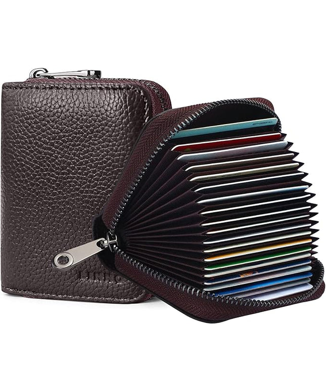 Linno RFID 20 Slots Credit Card Holder Genuine Leather Small Wallet for Women or Men with Zipper