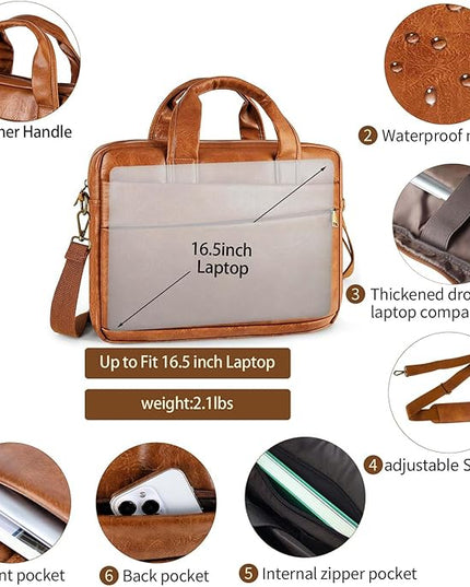 Faux Leather Messenger Bag for Men 15.6 Inch: Laptop Bag Briefcase Computer Handbags Shoulder Crossbody Bag with Padded Laptop Sleeve for Work College Travel, PU Brown