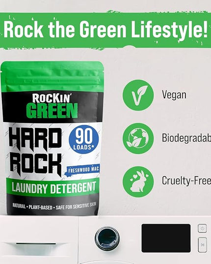 Rockin' Green Hard Rock Laundry Detergent for Hard Water (90 Loads), Plant based, Natural Laundry Detergent Powder, Biodegradable Odor Fighter, Safe for Sensitive Skin, 45 oz (Freshwood Mac)