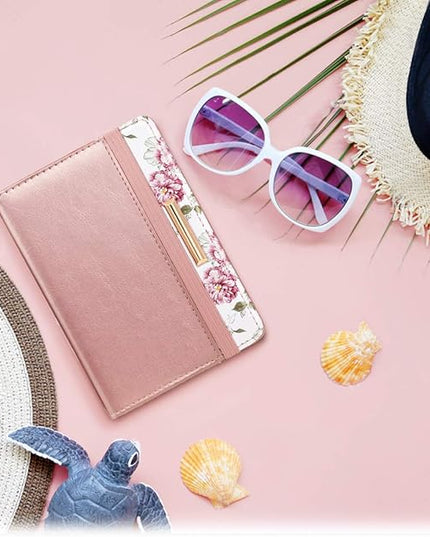 Passport Holder Cover Travel RFID Blocking Passport Cover Rose Gold Cute Flowers Passport Wallet with Elastic Band for Women