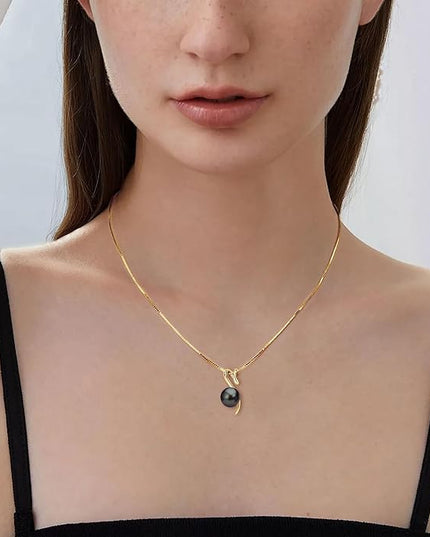 Tahitian Black Pearl Necklaces for Women, Sterling Silver Single Pearl Pendant Necklace Birthday Anniversary Jewelry Gifts for Wife Mom