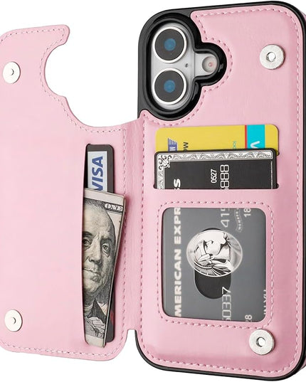 ONETOP Compatible with iPhone 17 Wallet Case with Card Holder, PU Leather Kickstand Card Slots Case, Double Magnetic Clasp and Durable Shockproof Cover 6.1 Inch (Pink)