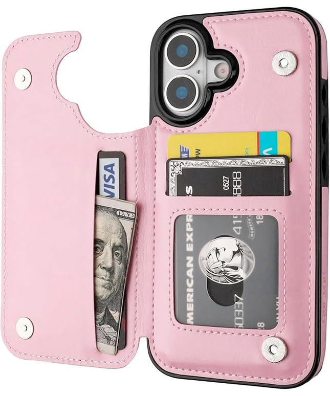 ONETOP Compatible with iPhone 17 Wallet Case with Card Holder, PU Leather Kickstand Card Slots Case, Double Magnetic Clasp and Durable Shockproof Cover 6.1 Inch (Pink)