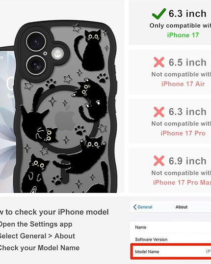 Cute Case for iPhone 17 Case [Compatible with MagSafe] with Kawaii Black Cats Cat Print Pattern Design for Women Girls, Soft Wavy Edge Anti-Slip Animal Magnetic Protective Phone Cover