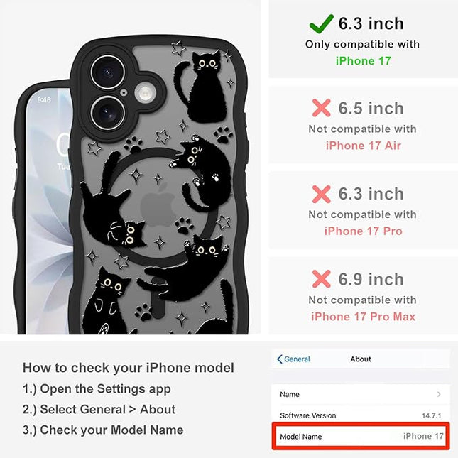 Cute Case for iPhone 17 Case [Compatible with MagSafe] with Kawaii Black Cats Cat Print Pattern Design for Women Girls, Soft Wavy Edge Anti-Slip Animal Magnetic Protective Phone Cover