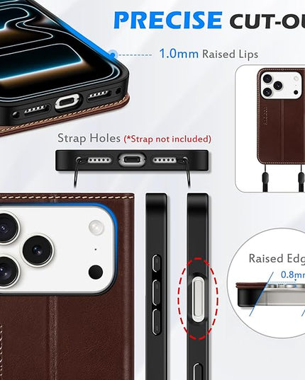 SHIELDON Case Wallet for iPhone 17 Pro 6.3-inch | Genuine Leather | Foldable Design | Magnetic Closure | RFID Blocking Card Holder | Kickstand | Drop Protection Phone Cover | Retro Coffee