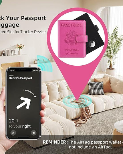 2 Pack Passport Holder for Travel with Slot for AirTag & Luggage Tag Cover, RFID Blocking Passport Holder for Women & Men | PU Leather Passport Cover with Pocket, Black & Pink
