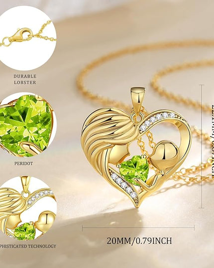 FANCIME Mom Birthstone Necklace Mother and Child Love Heart Necklace I Love You Mom Gifts Mothers Day Birthstone Jewelry Gifts for Grandmother Women Wife, 16"+2" Inches
