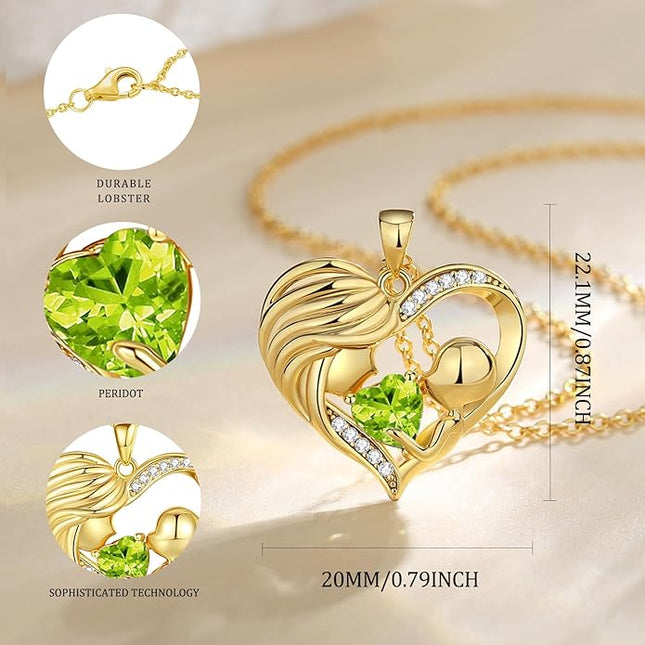 FANCIME Mom Birthstone Necklace Mother and Child Love Heart Necklace I Love You Mom Gifts Mothers Day Birthstone Jewelry Gifts for Grandmother Women Wife, 16"+2" Inches