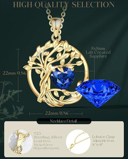 FANCIME Tree of life Birthstone necklace Sterling Silver Pendant Birthstone Necklace Gemstone Anniversary Birthday Jewelry Christmas Gifts for Mom Her Wife