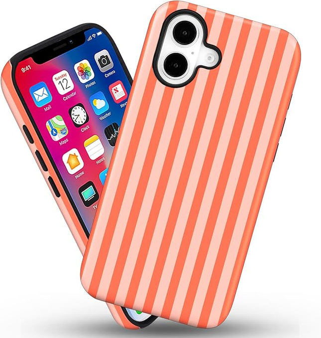 Magnetic for iPhone 16 Case Cute Stripes Phone Case, Shockproof Slim TPU and Hard PC Protective Phone Cover Compatible with MagSafe Designed for Women Girls, Deep Orange