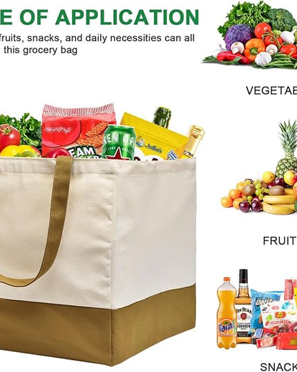 3 Pack Canvas Reusable Grocery Bags Heavy Duty, 8.3 gal Foldable Large Tote Bag with Handles, Holds 60 lbs Canvas Shopping Bags & Washable Eco-friendly Bags with 5 Pockets, camel+Off white