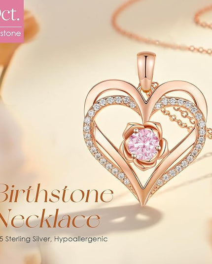 CDE Christmas Gifts for Women S925 Silver Rose Gold Heart Birthstone Necklaces for Women，Ideal Anniversary or Birthday Jewelry Gifts for Wife Girlfriend Her