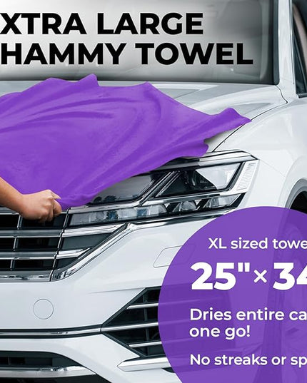 Premium XL Shammy Towel for Car - 34”x25” - Super Absorbent Chamois Cloth - Spots & Scratch-Free - Reusable Car Drying Towel