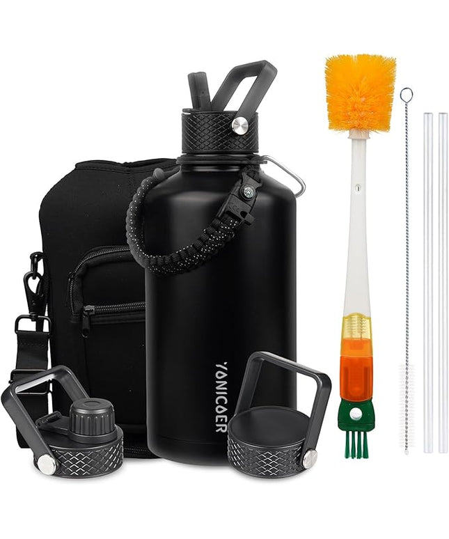 Insulated Water Bottle 87oz,Triple Wall Vacuum Stainless Steel(Dishwasher Safe),Leak Proof & Non-BPA,Flask Jug with Paracord Handle & Straw Spout Lids Sports Black