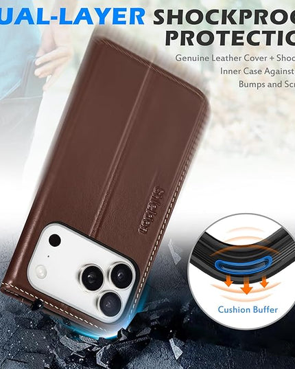SHIELDON Case Wallet for iPhone 17 Pro 6.3-inch | Genuine Leather | Foldable Design | Magnetic Closure | RFID Blocking Card Holder | Kickstand | Drop Protection Phone Cover | Retro Coffee