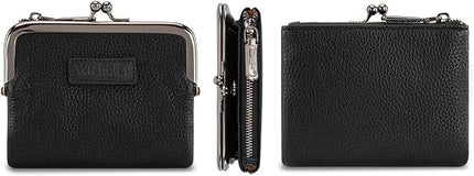 Montana West Wrangler Women's Wallet RFID Blocking Wallets Small Bifold Credit Card Holder with Kiss Clasp Black