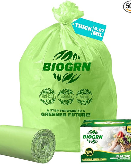 10-13 Gallon Compostable Trash Bags with Flat-Top 50 Bags Thick 0.87 Mil Leakproof Plant-based Tall Kitchen Wet Food Scrap Waste, ASTM D6400, US BPI and OK Compost Home Certified