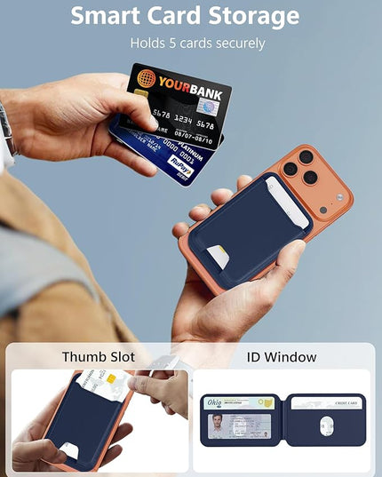 TopMade for Magsafe Wallet, Magnetic Card Holder for iPhone 17/16/15/14/13/12 Series, Leather Strongest Magnetic Phone Wallet Stand Adjustable, 5 Cards Holder, RFID Blocking, ID Window, Navy Blue