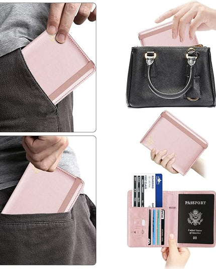 WALNEW Passport Holder for Travel, RFID Passport Cover Wallet for Women Men, PU Leather Passport Book Card Holder Case with Pen (Elastic Band Closure, C-Rosegold)