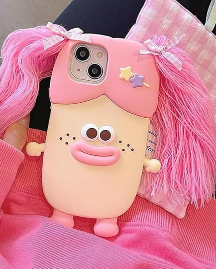 Case Compatible with iPhone 12/12 Pro,Cute 3D Kawaii Funny Braided Sausage Mouth Girl Pink Cartoon Cover with Keychain Soft Silicone Gel Drop Protector Women Girls