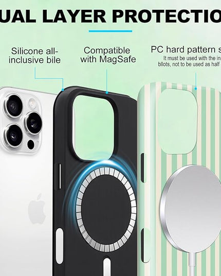 Magnetic for iPhone 16 Pro Max Case Cute Stripes Phone Case, Shockproof Slim TPU and Hard PC Protective Phone Cover Compatible with MagSafe Designed for Women Girls, Light Green