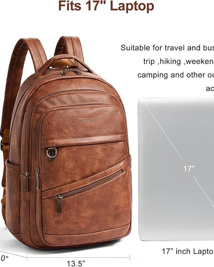 43L Backpack for Women Men - Vegan Leather Backpack Purse Travel Carry-on Bag College Bookbag Work fits 17" Laptop, Brown