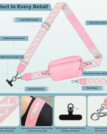 Clip and Go Strap for Phone with Wallet Crossbody, Adjustable Phone Lanyard with Detachable RFID Wristlet Wallet, Pattern Strap - Pink(L)