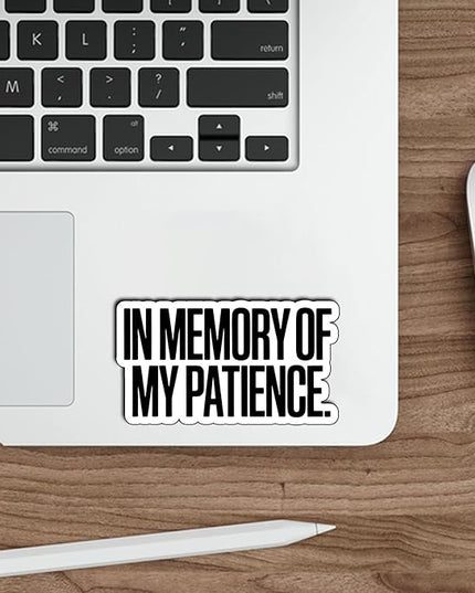 (3Pcs) in Memory of My Patience Sticker Funny Sarcastic Quote Vinyl Waterproof Decal for Laptop Water Bottle Phone Journal Humor Stickers for Adults Coworkers Gifts for Women Size 2.6" x 3"