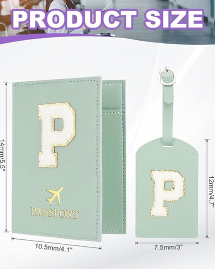 PATIKIL Passport Holder for Travel, Initial Passport Cover and Luggage Tag Set with Alphabet Chenille Letter Patch Travel Wallet Bag Suitcase Identifier for Women Family Travel Green P