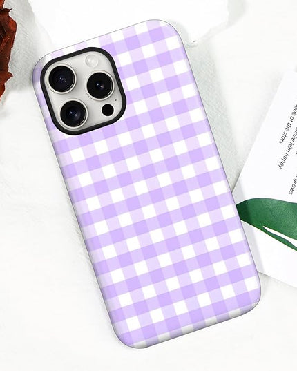Magnetic for iPhone 15 Pro Max Case Cute Checkered Stripes Phone Case for Women Girls, Shockproof Slim TPU and Hard PC Protective Phone Cover Compatible with MagSafe Designed, Purple