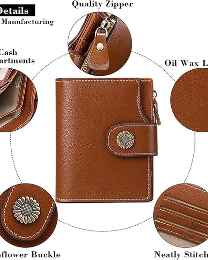 FALAN MULE Genuine Leather Small Wallet for Women, RFID Blocking, Compact Size, Brown