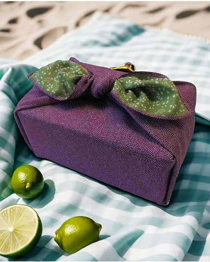 Furoshiki Japanese Wrapping Cloth Eco-Gift Wrap Paper Reversible Shark Skin Cherry blossoms Pattern, Eco-bag Bento Lunch Cake Wine Bottle Kimono Cover (Purple and Green, 27.6 x 27.6 inches)