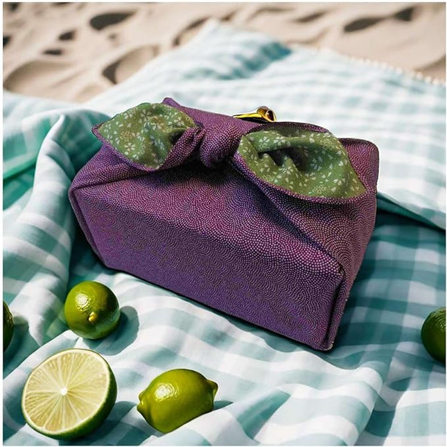 Furoshiki Japanese Wrapping Cloth Eco-Gift Wrap Paper Reversible Shark Skin Cherry blossoms Pattern, Eco-bag Bento Lunch Cake Wine Bottle Kimono Cover (Purple and Green, 27.6 x 27.6 inches)