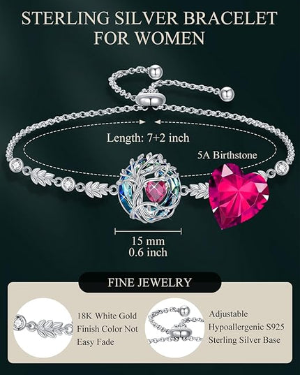 TOUPOP Tree of Life Birthstone Bracelet 925 Sterling Silver Family Tree Austrian Crystal Jewelry Anniversary Birthday Christmas Gifts for Women Wife Girlfriend Her