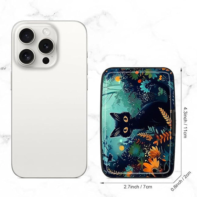 Atufsuat Credit Card Holder, Mini Aluminum Card Wallet RFID Blocking Slim Metal Hard Card Case for Women Men, Pretty Cat