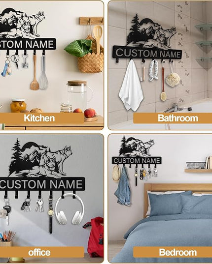 Kotagi Personalized Key Holder Wall Mounted, Custom Name Wolf Keys Hooks for Wall, Animal Theme Coat Hook Key Rack, Wall Hanging Decorative, Wall Mount Hanger Rack for Bedroom, Entryway, Kitchen