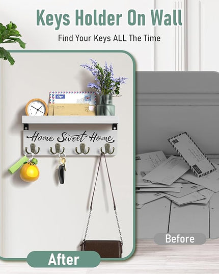 buways Wall-Mounted Key and Mail Holder, Wooden Key Rack with 4 Double Key Hooks, Rustic Home Decor for Entryway(White)