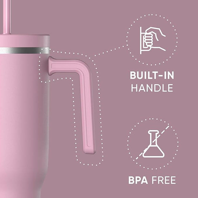 Hydrapeak Voyager 40 Oz Stainless Steel Tumbler with Handle, Insulated Water Bottle With Straw & Lid, Cupholder Friendly Reusable Travel Mug (Cotton Pink)