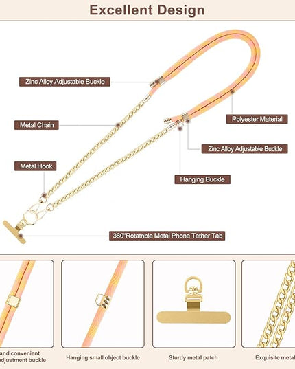 Crossbody Phone Lanyard, Adjustable Multicolor Braided Phone Strap and Phone Chain Strap Combination, Sturdy Metal Buckle and 360° Rotatable Phone Tether Tab,Yellow Pink