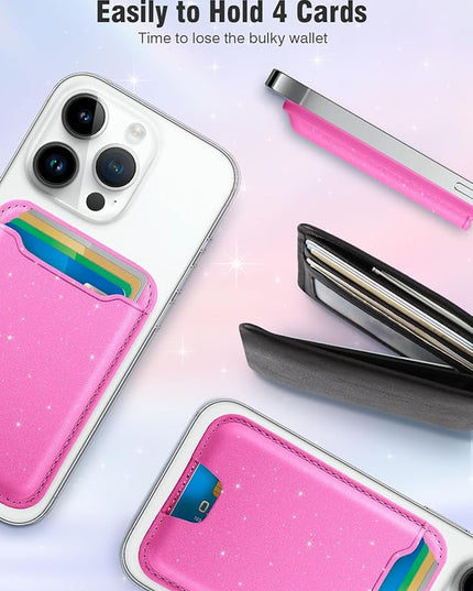TopMade for Magsafe Wallet, Sparkle Magnetic Card Holder for iPhone 17, iPhone 16/15/14/13/12 Series, Leather Magnetic Phone Wallet with Powerful Magnet, RFID Blocking, Fit 4 Cards, Glitter Pink