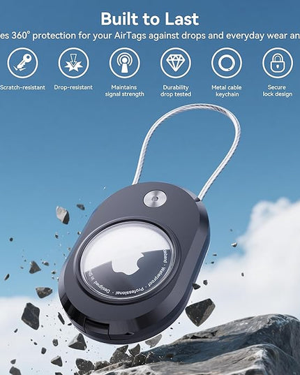 DDJ 2 Pack for AirTag Holder with Keychain, Waterproof Case Compatible with Apple AirTag & Moto Tag, Anti-Lost Wire Cable Lock with ID Card for Keys, Luggage, Backpack, Pet Collar (Black/Black)