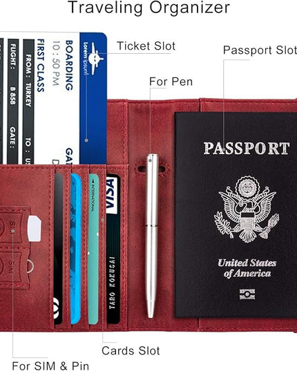 WALNEW Passport Holder for Travel, RFID Passport Cover Wallet for Women Men, PU Leather Passport Book Card Holder Case with Pen, Travelling Essentials for Flying