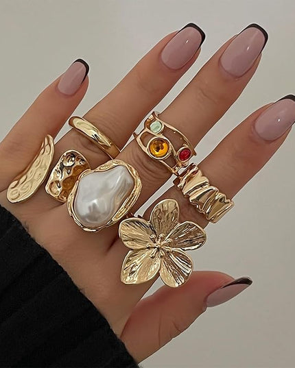 Chunky Gold Rings for Women Non Tarnish Statement Flower Ring Baroque Pearl Stackable Rings Set 6Pcs Chunky Jewelry