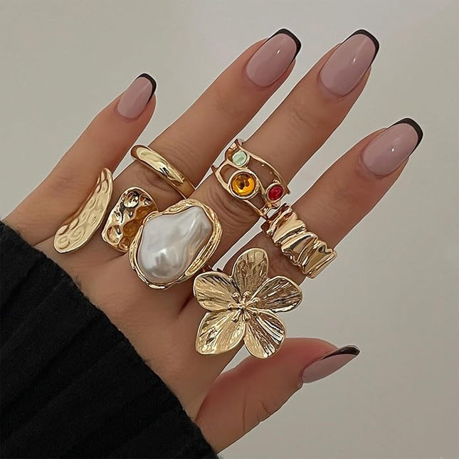 Chunky Gold Rings for Women Non Tarnish Statement Flower Ring Baroque Pearl Stackable Rings Set 6Pcs Chunky Jewelry
