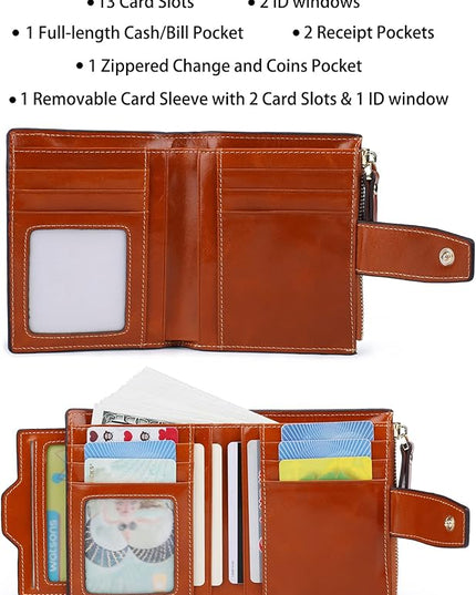AINIMOER Women's RFID Blocking Leather Small Compact Bi-fold Zipper Pocket Wallet Card Case Purse with id Window